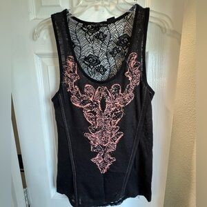Miss Me Charcoal and Black Tank Top with Pink Lace Design